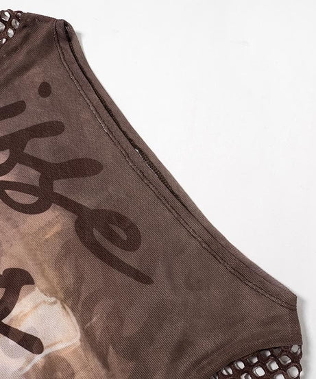 Artistic Mesh Bell Sleeve Top - Edgy Fall Graphic Long Sleeve for Women