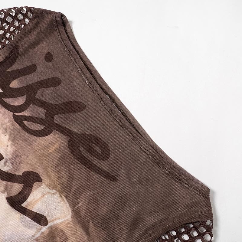 Artistic Mesh Bell Sleeve Top - Edgy Fall Graphic Long Sleeve for Women