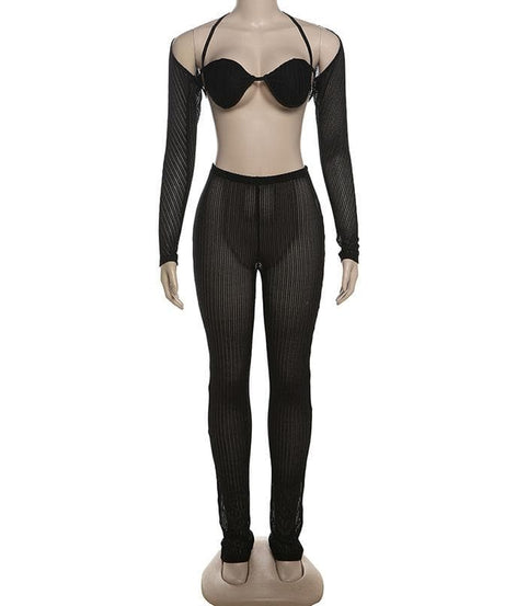 Fall Getaway Essential: Sheer Ribbed Knit Halter Crop Top & High-Waist Leggings Set - Resort & Festival Ready