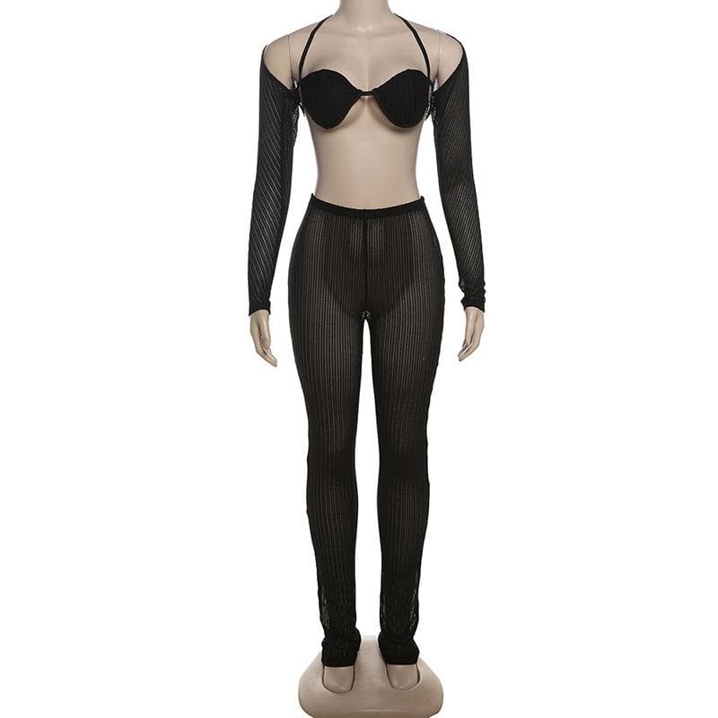 Fall Getaway Essential: Sheer Ribbed Knit Halter Crop Top & High-Waist Leggings Set - Resort & Festival Ready