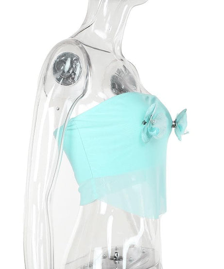 Whimsical Aqua Orchid Mesh Tube Top - Y2K Coquette Crop for Parties & Getaways