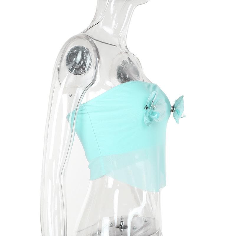 Whimsical Aqua Orchid Mesh Tube Top - Y2K Coquette Crop for Parties & Getaways