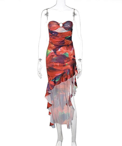 Autumn Bloom Strapless O-Ring Ruffle Midi Dress - Vibrant Party & Cocktail Chic