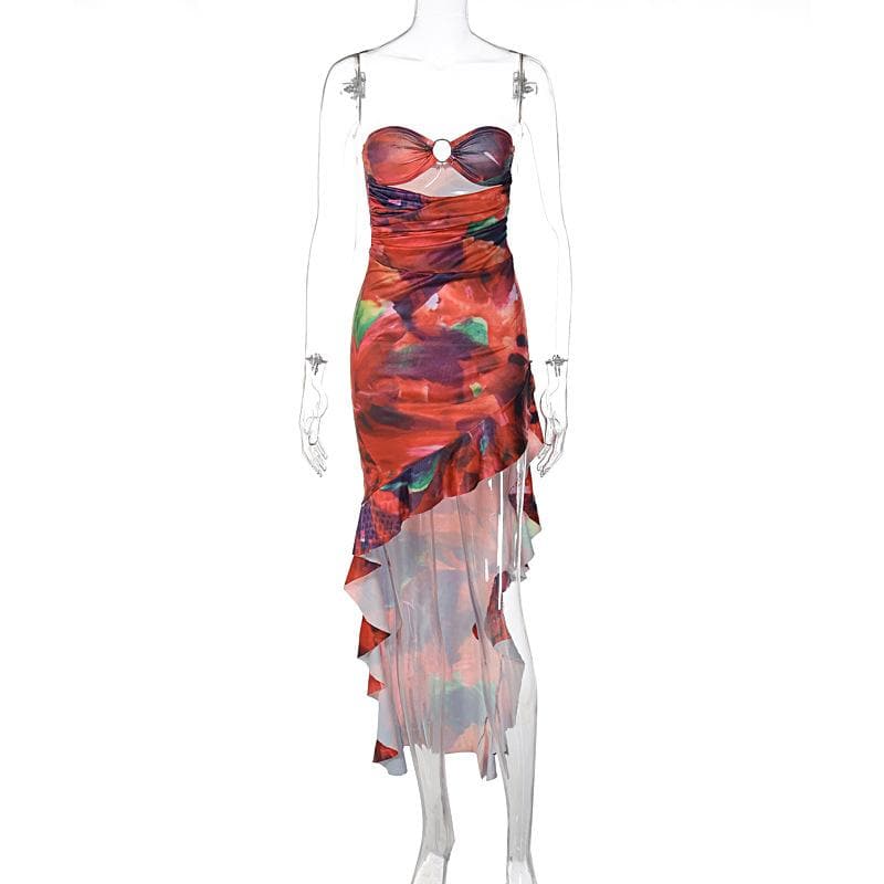 Autumn Bloom Strapless O-Ring Ruffle Midi Dress - Vibrant Party & Cocktail Chic