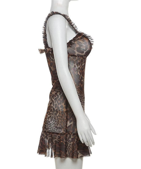Untamed Allure: Leopard Print Ruffle Mesh Cami Mini Dress – Your Fall Night Out Essential
