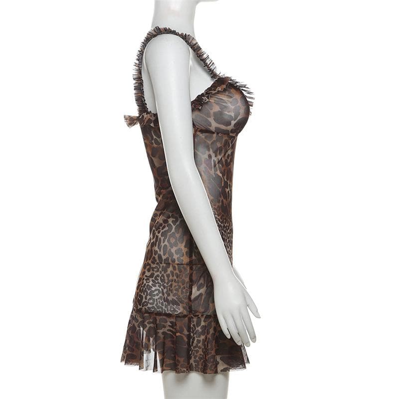Untamed Allure: Leopard Print Ruffle Mesh Cami Mini Dress – Your Fall Night Out Essential