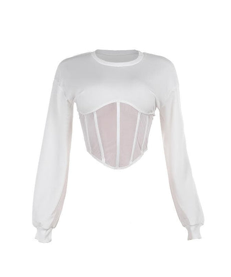 Chic White Mesh Corset Long Sleeve Crop Top | Fall 2025 Trendy Essential