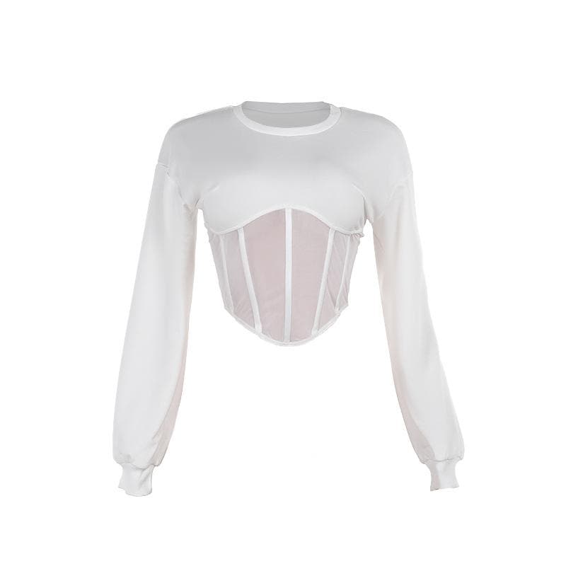 Chic White Mesh Corset Long Sleeve Crop Top | Fall 2025 Trendy Essential