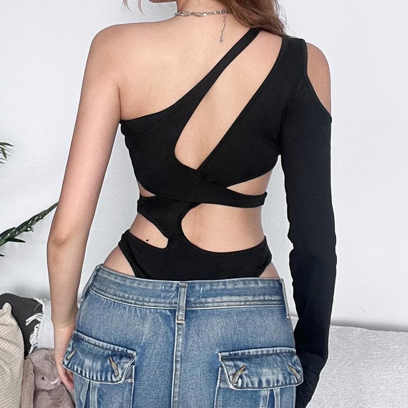Mystic Nights One-Shoulder Cut-Out Bodysuit - Edgy Black Long Sleeve for Fall Parties & Halloween