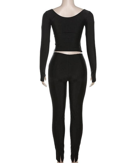 Chic Fall Athleisure: Black Ruched V-Neck Wrap Top & Leggings Set with Thumbholes