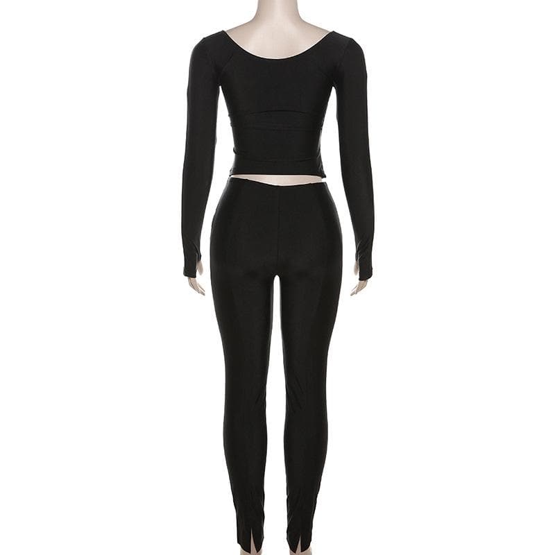 Chic Fall Athleisure: Black Ruched V-Neck Wrap Top & Leggings Set with Thumbholes