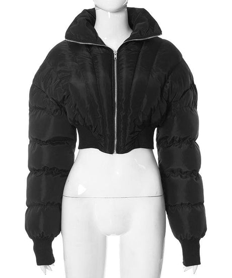 Trendsetter Cropped Puffer Jacket: Chic Black Mock Neck for Fall & Winter Style
