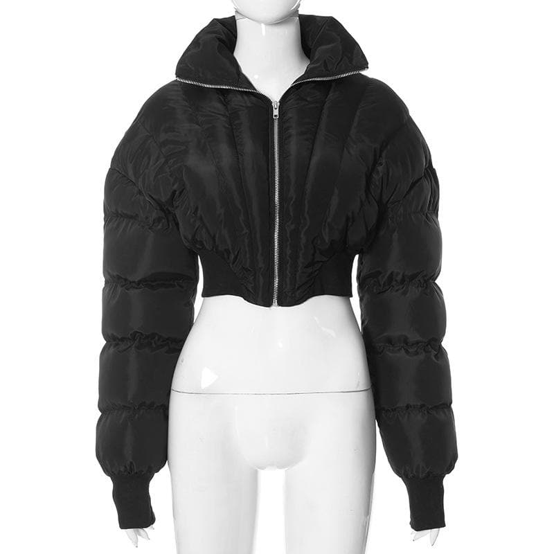 Trendsetter Cropped Puffer Jacket: Chic Black Mock Neck for Fall & Winter Style