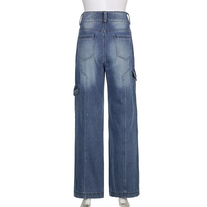 Fall Trend: Women's High-Rise Baggy Cargo Jeans - Y2K Faded Denim