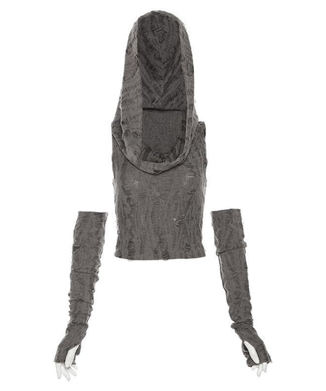 Edgy Distressed Hooded Crop Top & Arm Warmer Set - Grunge Y2K Fall Fashion