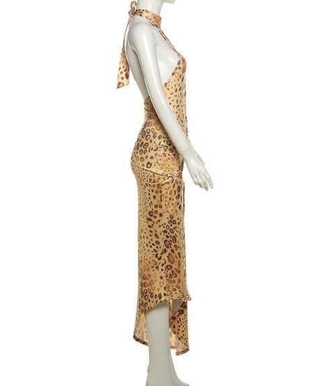 Allure & Edge: Leopard Print Halter Maxi Dress with Backless Design & Asymmetrical Lacing - Your Fall & Holiday Statement Piece