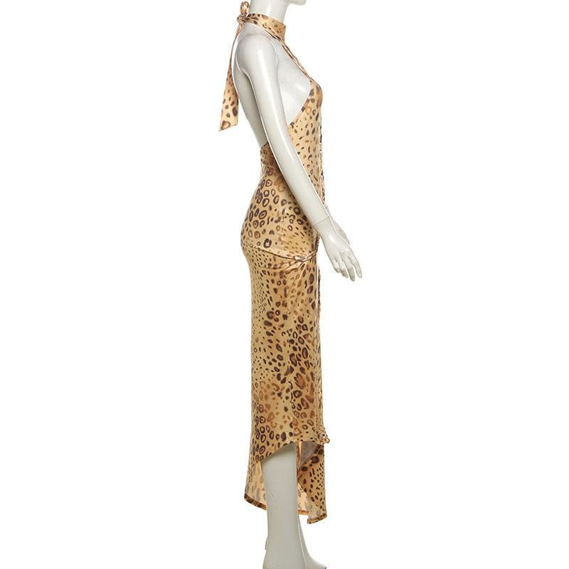 Allure & Edge: Leopard Print Halter Maxi Dress with Backless Design & Asymmetrical Lacing - Your Fall & Holiday Statement Piece