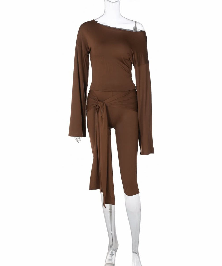 Fall Chic: Off-Shoulder Tie-Waist Luxe Brown Matching Set for Women