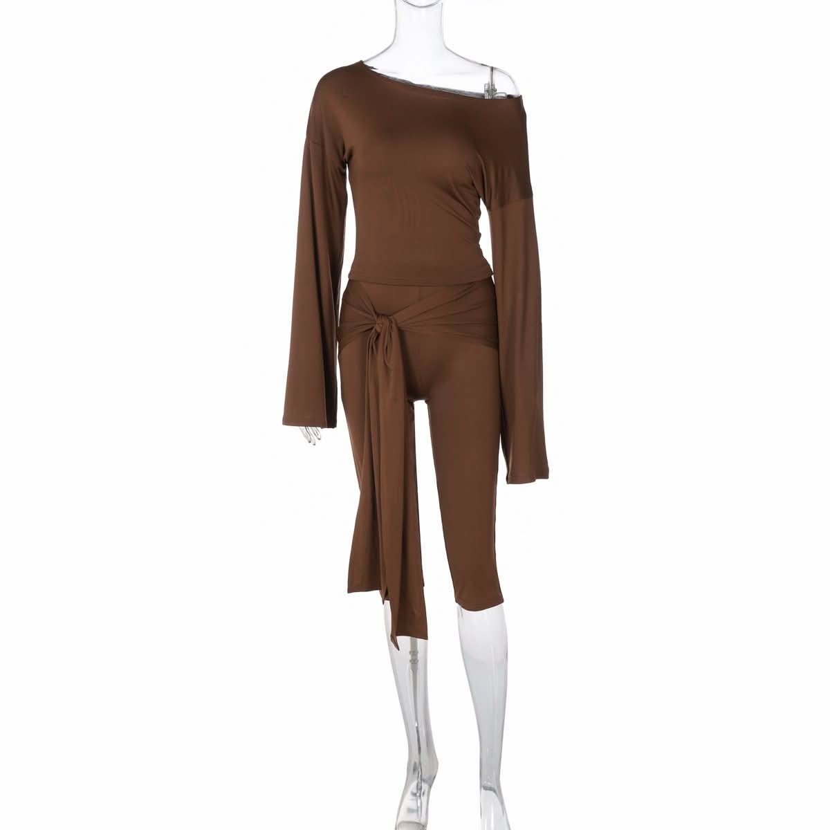 Fall Chic: Off-Shoulder Tie-Waist Luxe Brown Matching Set for Women