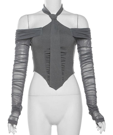 Autumn Allure: Chic Off-Shoulder Halter Ruched Long Sleeve Crop Top - Your Fall Fashion Must-Have