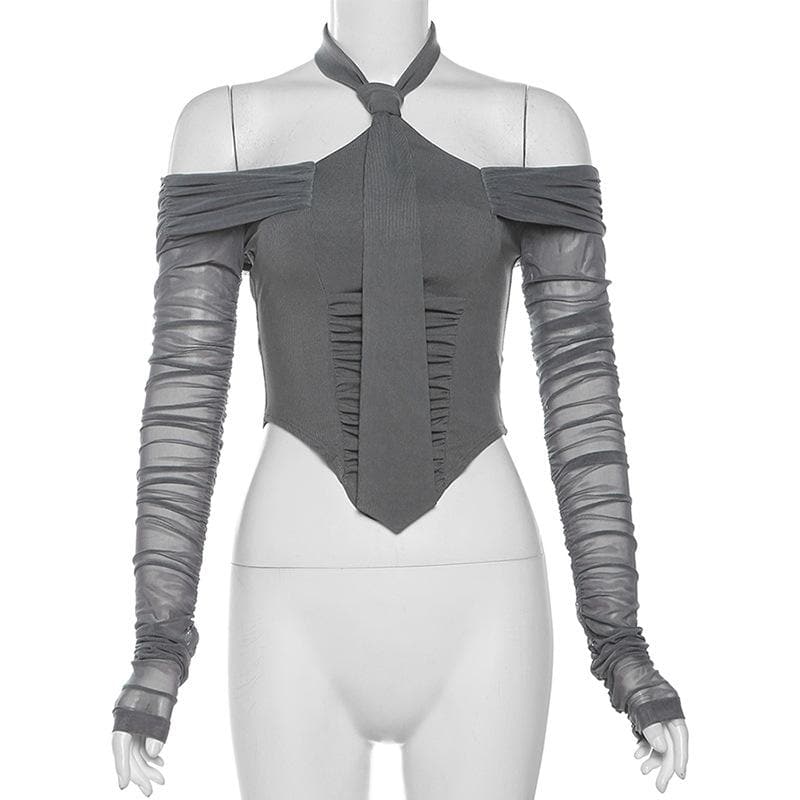 Autumn Allure: Chic Off-Shoulder Halter Ruched Long Sleeve Crop Top - Your Fall Fashion Must-Have