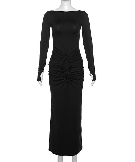 Fall & Holiday Chic: Flattering Black Ruched Maxi Dress with Thumbhole Sleeves