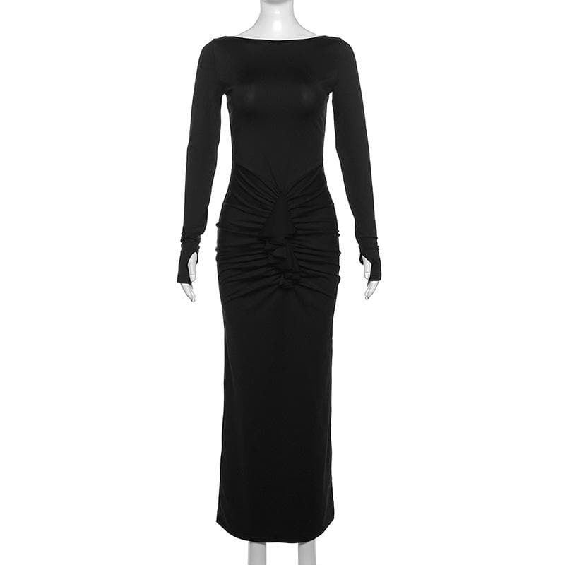 Fall & Holiday Chic: Flattering Black Ruched Maxi Dress with Thumbhole Sleeves