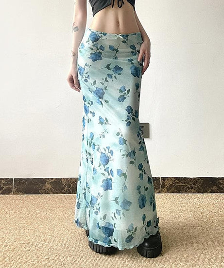 Effortless Blue Floral Mesh Maxi Skirt with Bowknot – Y2K Boho Chic for Fall & Holidays