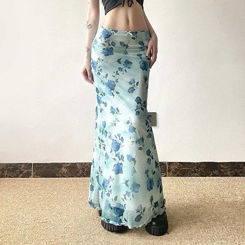 Effortless Blue Floral Mesh Maxi Skirt with Bowknot – Y2K Boho Chic for Fall & Holidays