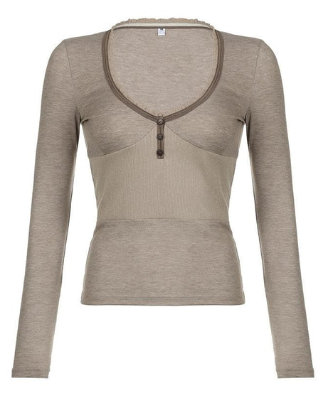 Fall Chic Ribbed Henley Long Sleeve Top | Lace Trim, Thumbholes & Flattering Fit
