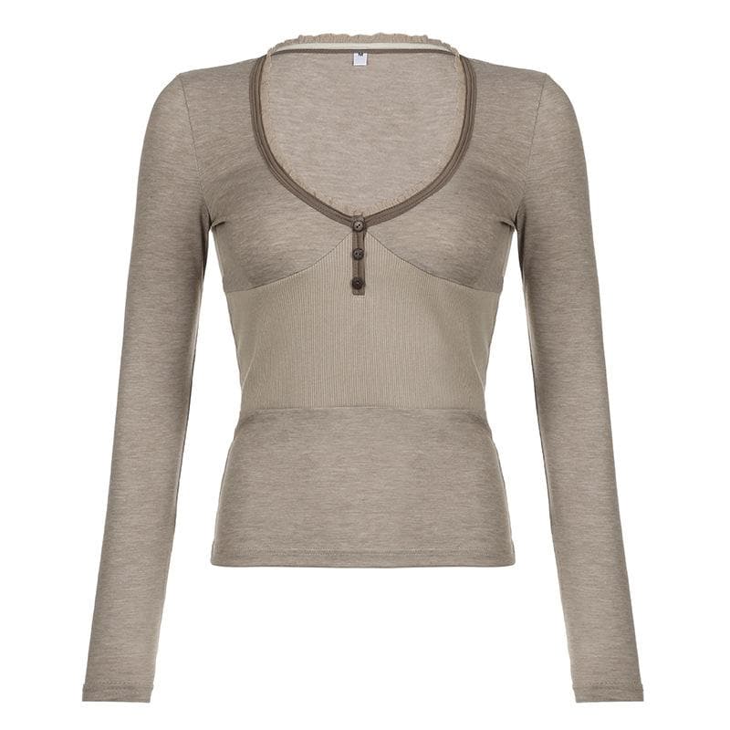 Fall Chic Ribbed Henley Long Sleeve Top | Lace Trim, Thumbholes & Flattering Fit