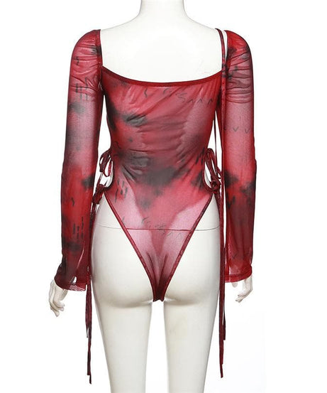 Autumn Edge: Ruched Tie-Dye Mesh Bodysuit with Cutout Ties – Your Go-To for Fall Parties & Halloween