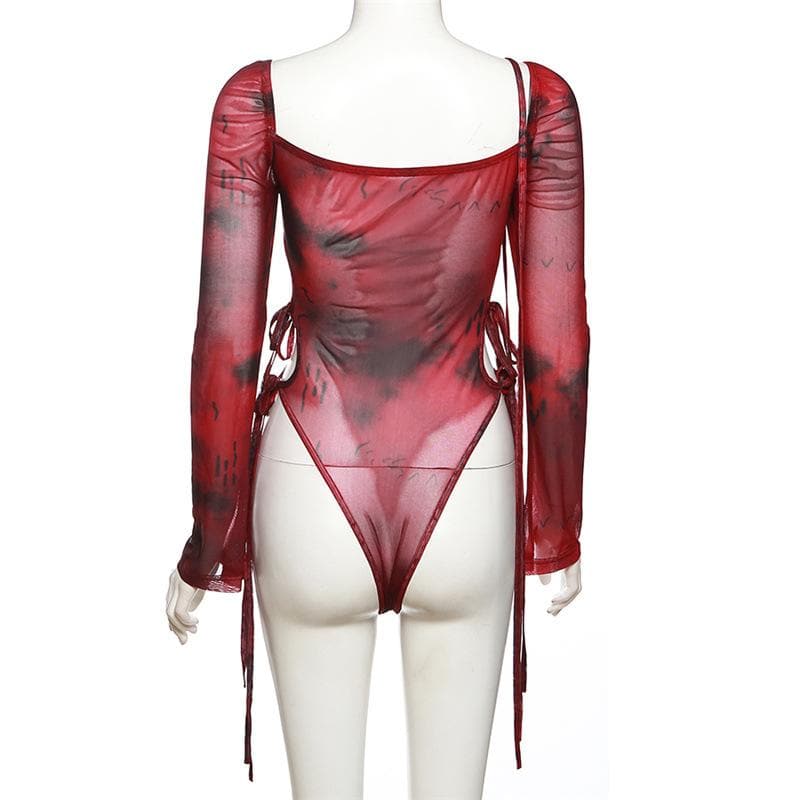 Autumn Edge: Ruched Tie-Dye Mesh Bodysuit with Cutout Ties – Your Go-To for Fall Parties & Halloween