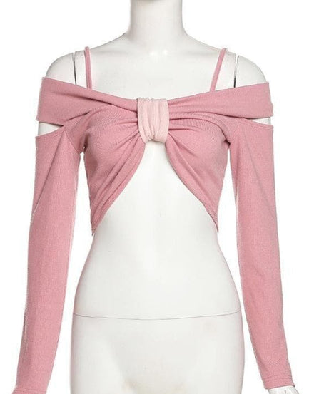 Blush Pink Cold Shoulder Knotted Crop Top - Trendy Long Sleeve & Strappy Fall Fashion for Women