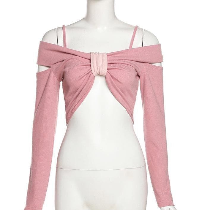 Blush Pink Cold Shoulder Knotted Crop Top - Trendy Long Sleeve & Strappy Fall Fashion for Women