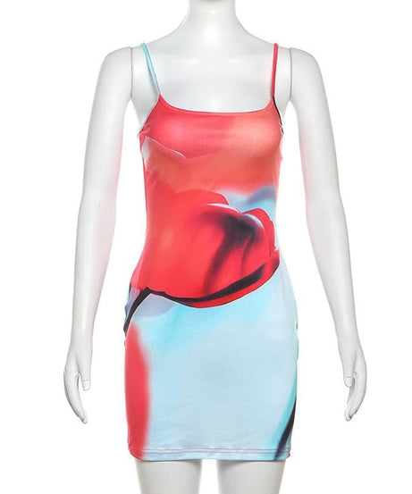 Vibrant Abstract Bloom Bodycon Mini Dress – Red & Blue Statement for Fall Parties