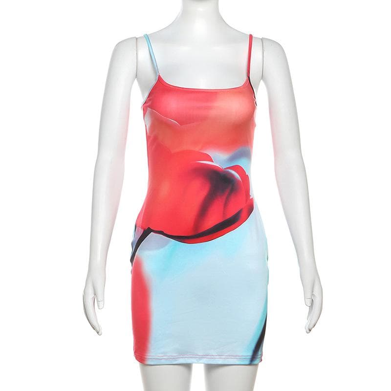 Vibrant Abstract Bloom Bodycon Mini Dress – Red & Blue Statement for Fall Parties