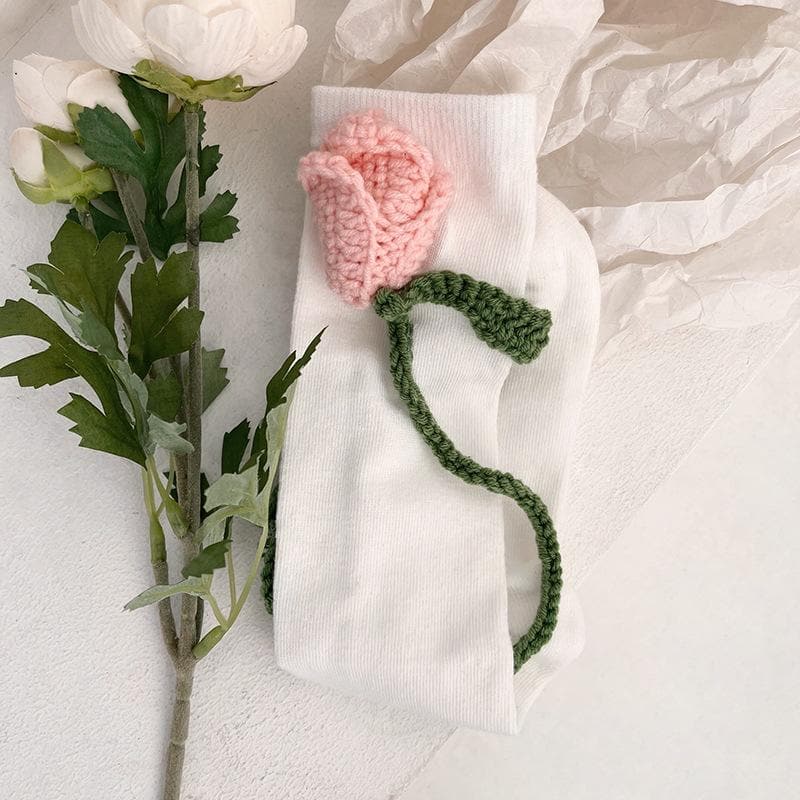 Charming Crochet Rose Black Knee-High Socks - Whimsical Fall & Holiday Style