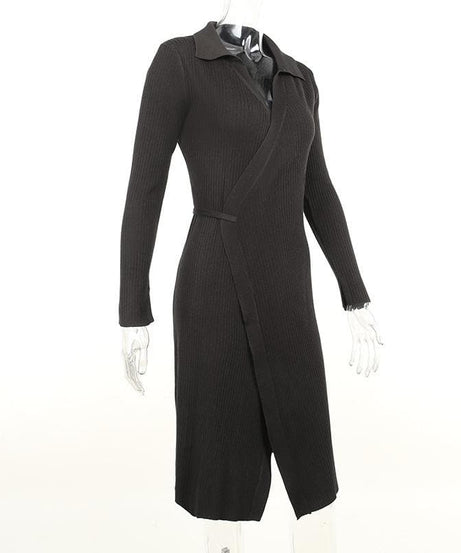 Elevated Fall Style: Ribbed Knit Wrap Midi Dress - Long Sleeve V-Neck Collar & Asymmetrical Hem