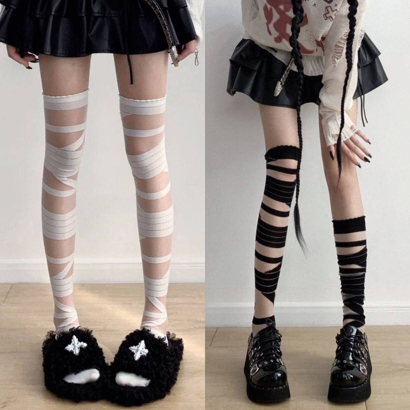 Spooky Season Essential: Gothic Bandage Thigh High Socks – Perfect for Halloween Costumes & Edgy Alt Fashion
