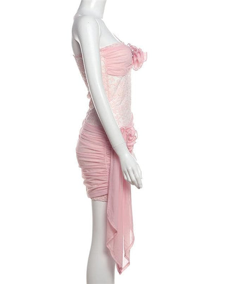 Stunning Pink Lace One-Shoulder Mini Dress with 3D Floral Appliques - Your Fall & Holiday Party Must-Have