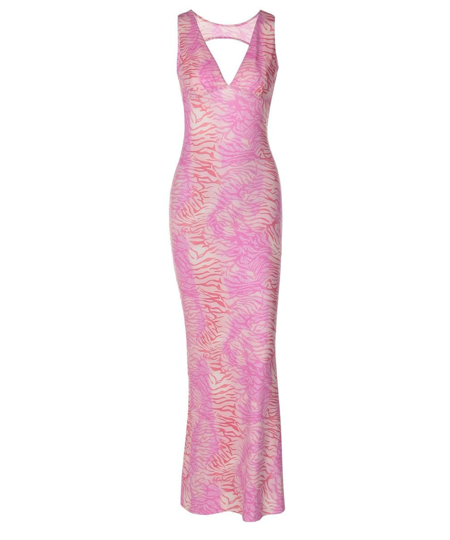 Chic Pink Zebra Maxi Dress - V-Neck Open Back for Fall & Holiday Parties