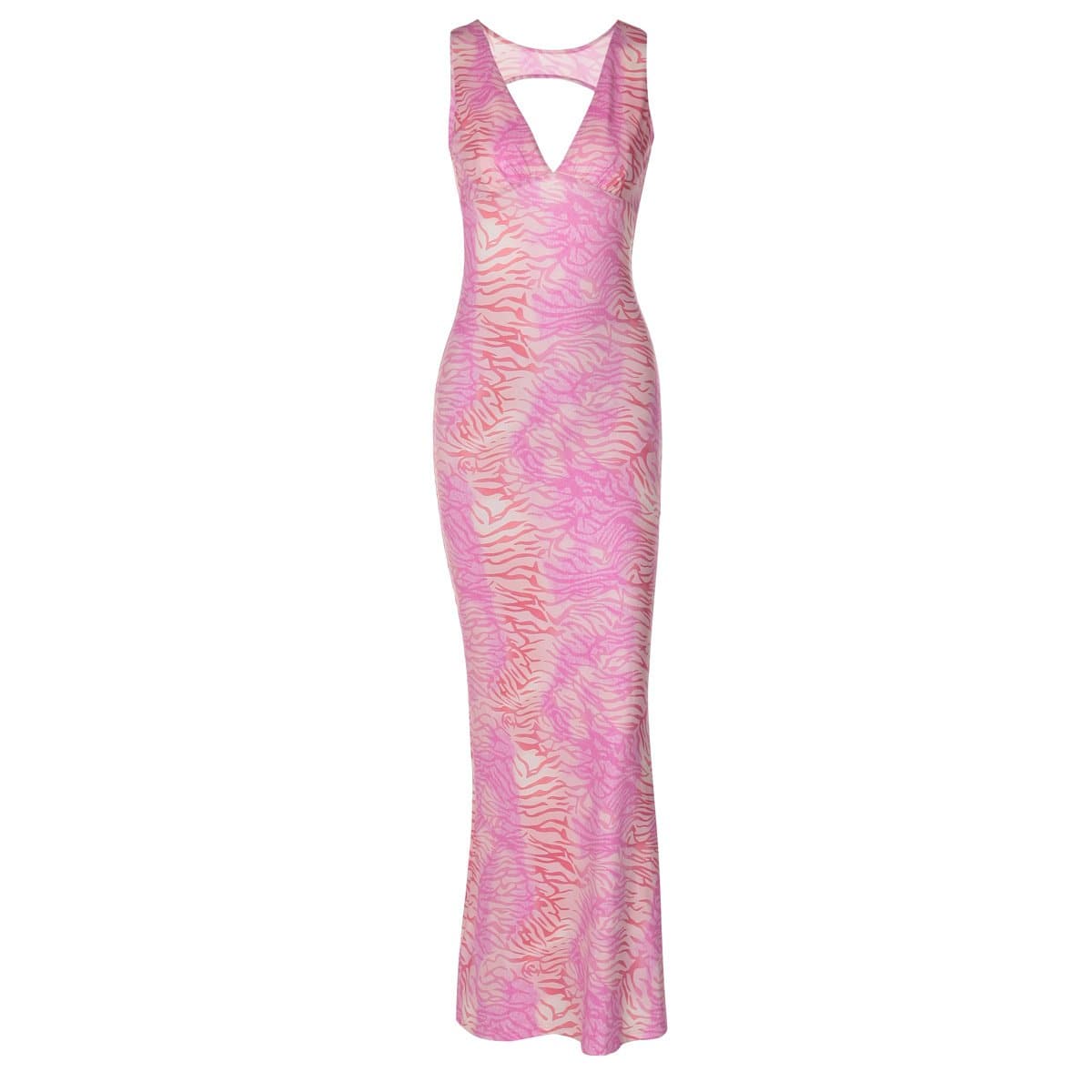 Chic Pink Zebra Maxi Dress - V-Neck Open Back for Fall & Holiday Parties