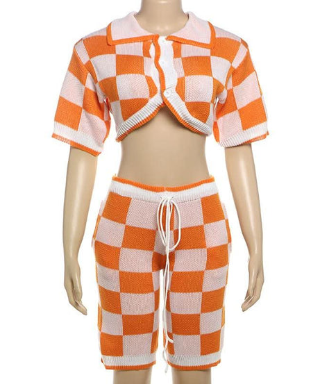 Fall Vibes Retro Orange & White Checkerboard Knit Crop Top & Drawstring Shorts Set
