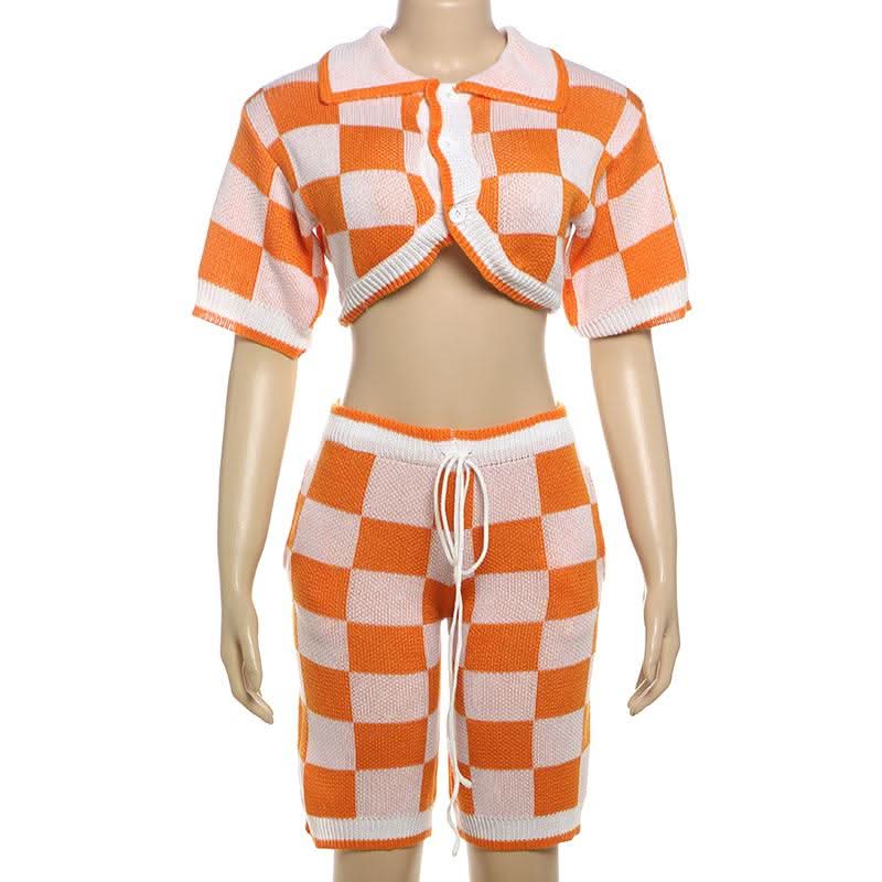 Fall Vibes Retro Orange & White Checkerboard Knit Crop Top & Drawstring Shorts Set
