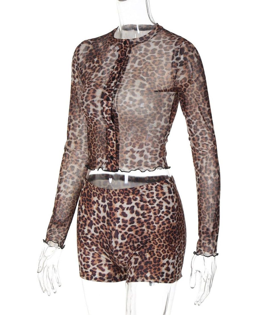 Fierce Leopard Print Sheer Mesh Co-ord Set - Trendy Fall Top & Shorts