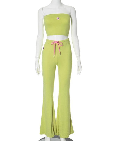 Y2K Chic: Vibrant Lime Green Flare Pant & Tube Top Matching Set – Your Go-To Fall Athleisure Vibe