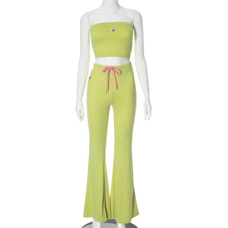 Y2K Chic: Vibrant Lime Green Flare Pant & Tube Top Matching Set – Your Go-To Fall Athleisure Vibe