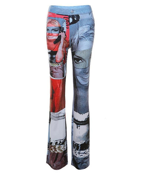 Y2K Pop Culture Graphic Flare Pants – Retro Celebrity Print Stretch Trousers for Women