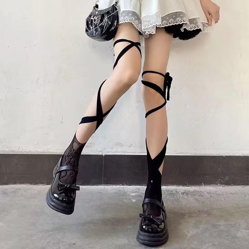 Chic Coquette Lace-Up Leg Wraps - Adjustable Self-Tie Balletcore & Goth Socks for Fall